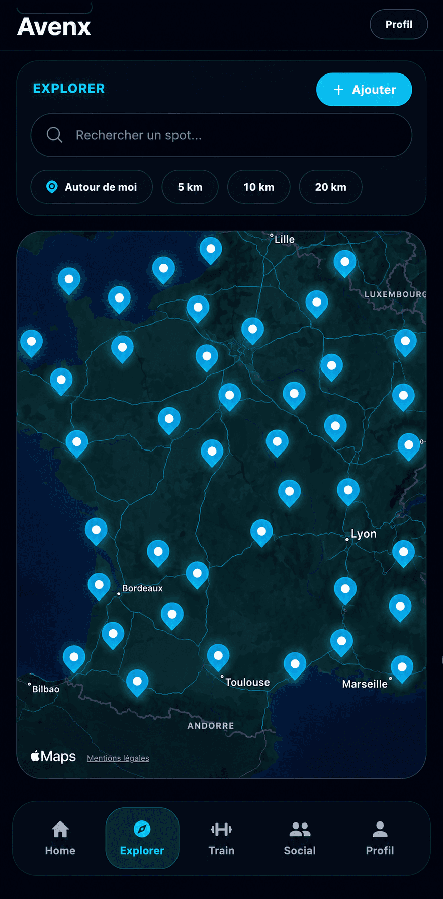 Carte des spots street workout dans AVENX