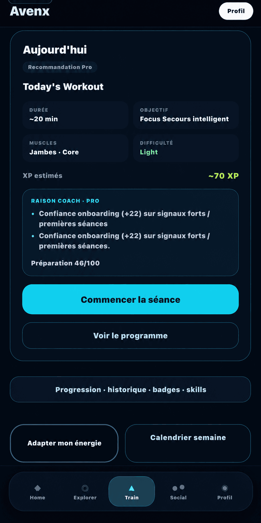 Séance du jour et coach IA dans AVENX